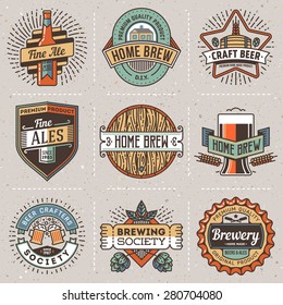 Color retro design insignias line art logotypes home brewery set 2. Vector high quality vintage elements. Cardboard texture.