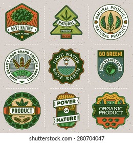 Color retro design insignias logotypes natural green product set. Vector vintage elements. Cardboard texture.
