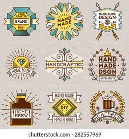 Color retro design insignias logotypes set. Crafts and handmade illustrations. Vector vintage elements. 