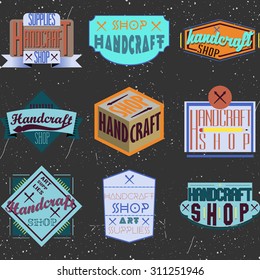 Color retro design insignias logotypes set. Handcraft arts and handmade illustrations. Vector vintage elements.
