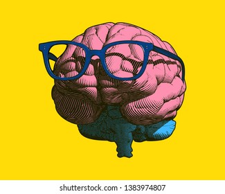 Color retro engraving human brain with blue eye glasses illustration in front view isolated on yellow background