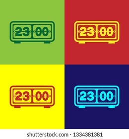 Color Retro flip clock icon isolated on color backgrounds. Wall flap clock, number counter template, all digits with flips. Flat design. Vector Illustration