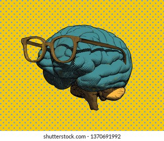 Color retro pop art engraving human brain with eye glasses illustration in side view isolated on blue polka dot and yellow background