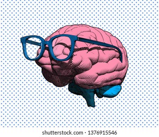 Color retro pop art engraving human brain with eye glasses illustration in side view isolated on blue polka dot and white background