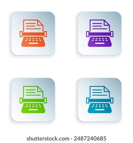 Color Retro typewriter and paper sheet icon isolated on white background. Set colorful icons in square buttons. Vector