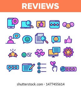 Color Reviews Thin Line Icons Set Vector. Reviews, Feedback And User Experience Of Client Linear Pictograms. Loyalty And Testimonials From Customer Dumptruck Illustrations