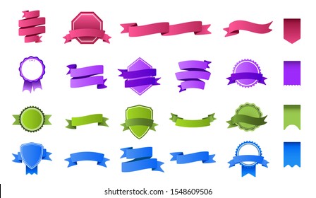 Color ribbon banners. Colorful tag banner, blank ribbons label and curved flag badge frame flat vector set. Empty pink and blue stamps. Collection of green and purple banderole and badges