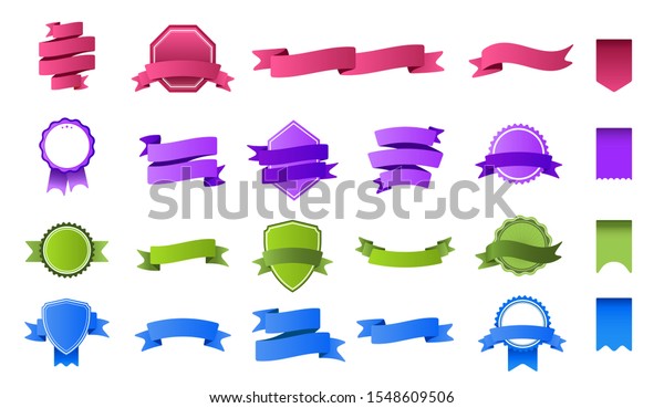 Color\
ribbon banners. Colorful tag banner, blank ribbons label and curved\
flag badge frame flat vector set. Empty pink and blue stamps.\
Collection of green and purple banderole and\
badges