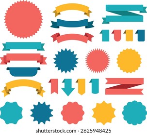 Color ribbon banners and starburst set. Ribbons collection isolated on white background. Royal ribbons set for promotion design. Vector graphic. Stock illustration
