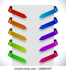 Color ribbon pointers bending around paper vector set.