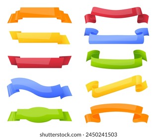 Color ribbon shape banners. Decorative empty place for inscription. Differently folded textile strips. Advertise silk labels. Fabric tapes. Scrapbook elements. Curved