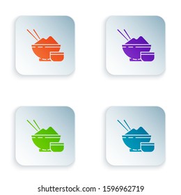 Color Rice in a bowl with chopstick and sauce icon isolated on white background. Traditional Asian food. Set icons in square buttons. Vector Illustration