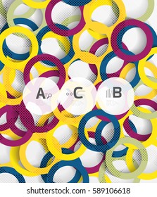 Anillos de color con sombras sobre fondo abstracto gris. Fondo de plantilla de vector para diseño de flujo de trabajo de impresión, diagrama, opciones de número o banner de diseño web