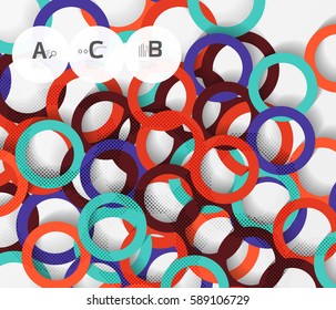 Color rings with shadows on gray abstract background. Vector template background for print workflow layout, diagram, number options or web design banner