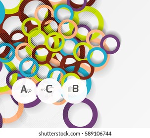 Anillos de color con sombras sobre fondo abstracto gris. Fondo de plantilla de vector para diseño de flujo de trabajo de impresión, diagrama, opciones de número o banner de diseño web