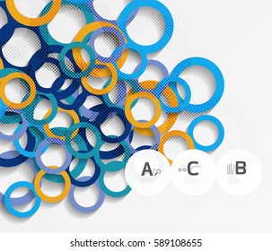 Anillos de color con sombras sobre fondo abstracto gris. Fondo de plantilla de vector para diseño de flujo de trabajo de impresión, diagrama, opciones de número o banner de diseño web