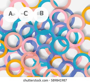 Anillos de color con sombras sobre fondo abstracto gris. Fondo de plantilla de vector para diseño de flujo de trabajo de impresión, diagrama, opciones de número o banner de diseño web