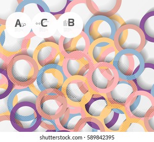 Anillos de color con sombras sobre fondo abstracto gris. Fondo de plantilla de vector para diseño de flujo de trabajo de impresión, diagrama, opciones de número o banner de diseño web