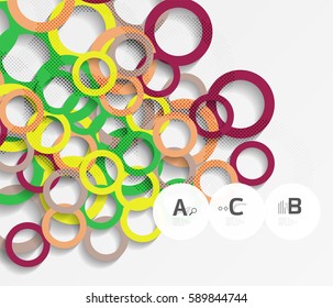 Color rings with shadows on gray abstract background. Vector template background for print workflow layout, diagram, number options or web design banner