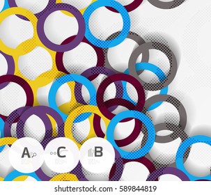 Color rings with shadows on gray abstract background. Vector template background for print workflow layout, diagram, number options or web design banner