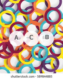 Color rings with shadows on gray abstract background. Vector template background for print workflow layout, diagram, number options or web design banner