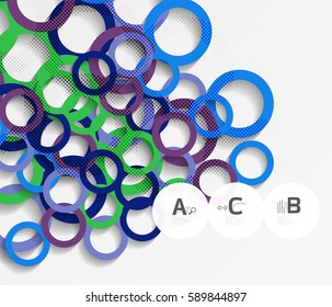 Anillos de color con sombras sobre fondo abstracto gris. Fondo de plantilla de vector para diseño de flujo de trabajo de impresión, diagrama, opciones de número o banner de diseño web