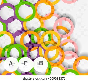 Color rings with shadows on gray abstract background. Vector template background for print workflow layout, diagram, number options or web design banner