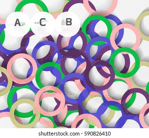 Color rings with shadows on gray abstract background. Vector template background for print workflow layout, diagram, number options or web design banner