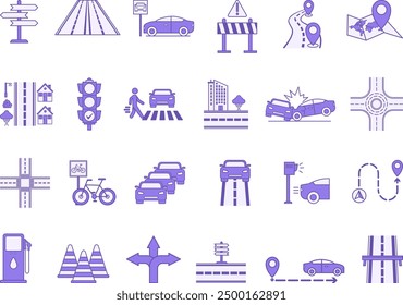 Conjunto de iconos de carretera de color. Ciudad, señal, calle, aparcamiento, ruta, semáforo, paso de peatones, accidente automovilístico, velocidad ​​cámara, barrera, cruce y más