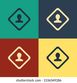 Color Road traffic sign. Signpost icon isolated on color background. Pointer symbol. Isolated street information sign. Direction sign. Vintage style drawing. Vector Illustration