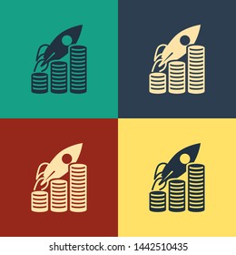 Color Rocket flying up on coins growth chart icon isolated on color background. Graph that shows increase in sales. Vintage style drawing. Vector Illustration