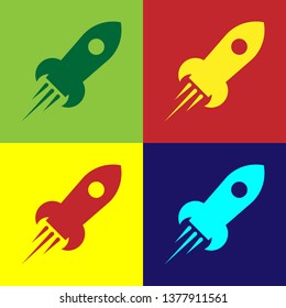 Color Rocket ship with fire icon isolated on color backgrounds. Space travel. Flat design. Vector Illustration