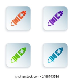 Color Rocket ship with fire icon isolated on white background. Space travel. Set icons in colorful square buttons. Vector Illustration