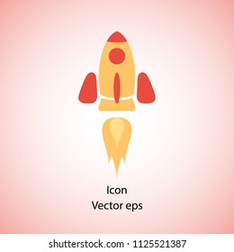 Color rocket ship icon in flat design. Flying rocket in space. A simple icon of a spaceship, Cartoon, isolated on a light background. Vector illustration.