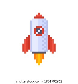 Color Rocket Shuttle, Icon Isolated On White Background. Starship In Space Coloful  Pixel Art. 8 Bit Flat Design. Vector Illustration.