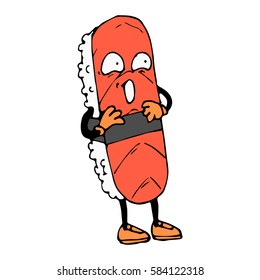 Color roll in cartoon style. A sketch of the character. Emotions of surprise, joy. Sushi with rice, salmon, hands and feet. Vector isolated image. Icon. The Asian restaurant. Exclusive.