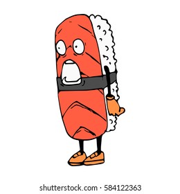 Color roll in cartoon style. A sketch of the character. Of surprise. Sushi with rice, salmon, hands and feet. Vector isolated image. Icon. The Asian restaurant. Exclusive.