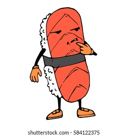 Color roll in cartoon style. A sketch of the character. Emotions in thought, decision making. Sushi with rice, salmon, hands and feet. Vector isolated image. Icon. The Asian restaurant. Exclusive.