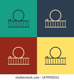 Color Roller coaster icon isolated on color background. Amusement park. Childrens entertainment playground, recreation park. Vintage style drawing. Vector Illustration