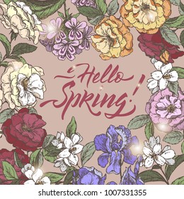 Color romantic vintage greeting card template with Hello Spring brush calligraphy and flowers, based on hand drawn sketch. Great for seasonal design.