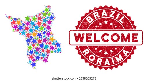 Color Roraima State map composition of stars, and distress rounded red WELCOME stamp seal. Abstract territory scheme in bright color hues. Vector Roraima State map is formed of bright stars.