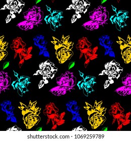 Color roses on a black background. Pattern