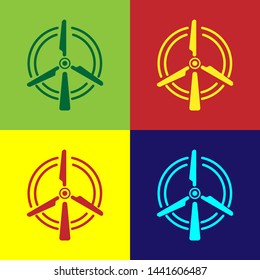 Color Rotating wind turbine icon isolated on color backgrounds. Wind generator sign. Windmill silhouette. Windmill for electric power production. Vector Illustration