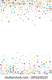 Farbiger, rundfliegender, weißer Hintergrund. Dekorationskreislauf-Postkarte. Einladung Staubstruktur. mehrfarbiges Polka-Effektbanner.