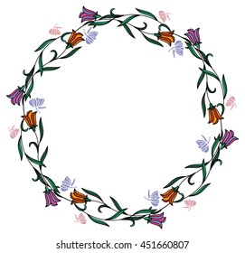 Color round frame with bluebells. Vector clip art.