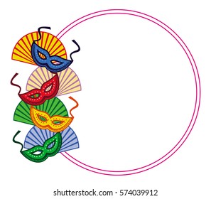Color round frame with carnival masks. Copy space. Vector clip art.