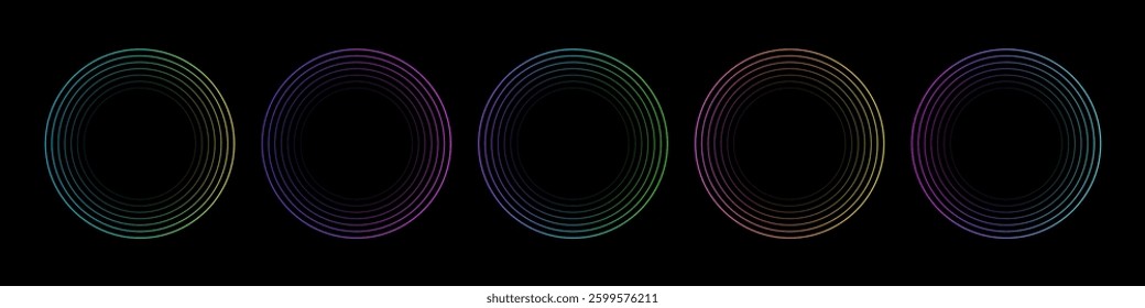 Color round frames isolated on black background. Abstract circular rings of neon colors. Modern futuristic geometric design vector illustration set.