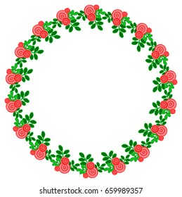 Color round garland with decorative red roses. Copy space. Vector clip art.