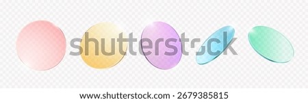 Color round glass. Gradient tinted transparent round plates, lens or disk with glossy mirror reflection. 3d realistic render Y2k glass morphism isolated vector set.