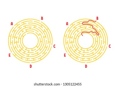 Color round labyrinth. Game for kids. Puzzle for children. Maze conundrum. Flat vector illustration isolated on white background. With the answer. With place for your image